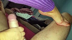 In the bedroom, the curvy blonde wife gets cum inside and her soles wiped.