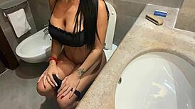 just a random stranger getting a blowjob with cumshot in the bathroom beauty center.