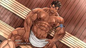 muscular gay man fucks young guy in sauna with blowjob