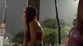 Risky public masturbation for hot redhead at bus stop