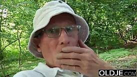 naughty teen gets her ass spanked by grandpa before a kiss and cumshot swallow.