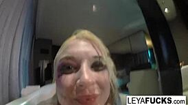 Leya Falcon teases her ass with the tub shower head, nude and wet in the pool, blonde babe masturbating solo.