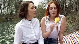 Amateur lesbians share double dildo in sex