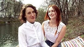 Amateur lesbians share double dildo in sex