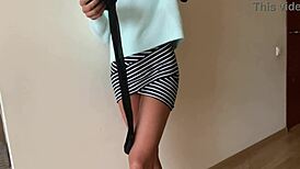 Tight Asian in Miniskirt and Stockings Sucks Close-Up Before Wild Fucking Date