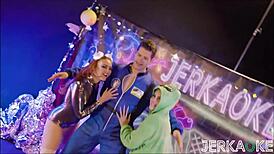 Jerkaoke - Sexy Armani Dream banged hard in space. Wild deepthroat action included!