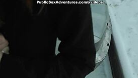 redhead with innocent look does naughty things in public toilet blowjob and fucking