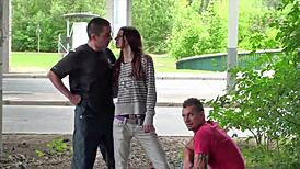 Public Facial on 18-Year-Old Girl in Extreme Street Gang Bang Threesome!