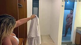 dezii gonzalez, huge muscular bodybuilder, catches me in shower with big tits and ass