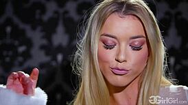 Brunette and blonde lesbians scissoring in lingerie