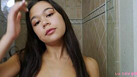 Super cute brunette teen enjoying hot shower. Lesbian massage on sofa with mommy 😘