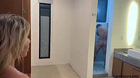 dezii gonzalez, huge muscular bodybuilder, catches me in shower with big tits and ass