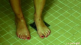 Super cute brunette teen enjoying hot shower. Lesbian massage on sofa with mommy 😘