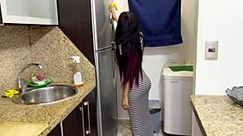 My stunning stepdaughter cleans kitchen in tight sexy dress, her big hot ass irresistible!