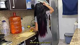 My stunning stepdaughter cleans kitchen in tight sexy dress, her big hot ass irresistible!