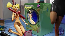 3dgspot shows two busty lesbians sharing a double dildo in a public store.