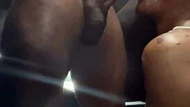 Ebony gay stud worships big black monster cock with sloppy face fucking blowjob during road trip