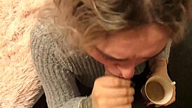 Blonde babe sucks huge cock then drinks cum coffee mix 😋