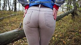 amateur milf teases with tight pants and panty line outdoor