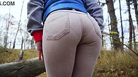 amateur milf teases with tight pants and panty line outdoor