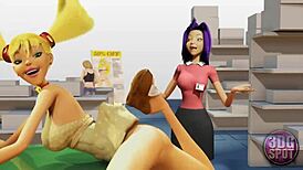 3dgspot shows two busty lesbians sharing a double dildo in a public store.