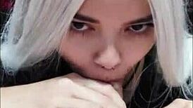 White wolf and white moon perform deepthroat blowjob, sucking balls to the head