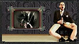 in the ziblizet intro film from 2015, an old gay daddy in costumes with garter belt and socks wears glasses