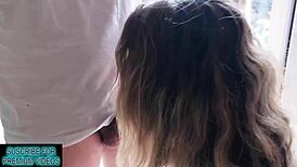 A quickie creampie in front of the window