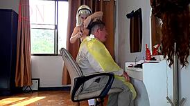 nudist barbershop lady hairdresser shocks client in apron