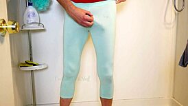 Dude Teases Hard Cock In Leggings While Flashing Pre-Cum