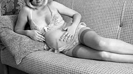 pregnant milf teases with mature girlfriend in black and white homemade fetish foreplay with sensual lesbian touches.