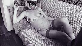 pregnant milf teases with mature girlfriend in black and white homemade fetish foreplay with sensual lesbian touches.