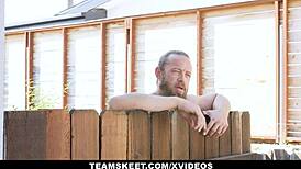 Petite teen Lily Glee, just 18+, experiences her first intense standing fuck scene.