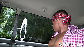 Blindfolded gay blowjob contest with pornstar in POV game