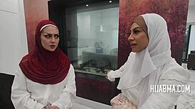 Jealous Wives in Hijab Compete for Blowjobs - Kira Fox and Sasha Pearl