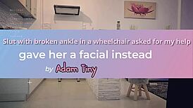 Slut in Wheelchair with Leg Cast Gets Cum on Face