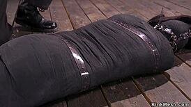 Mummified Brunette Bound Tight and Whipped in Kinky Session