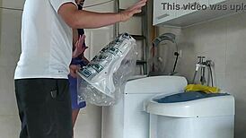 Wife provokes technician with bold seduction, leading to anal creampie and blowjob