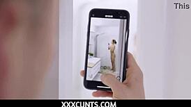 Tiny Cutie Emily Mayers Plays with Big Dildo in Shower