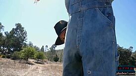 Country girl Jennifer strips outdoors, big ass and hairy pussy exposed