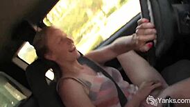 Blonde Aden Fingers Her Hairy Pussy in Public Car
