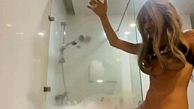 Blonde Teen 18+ Jerks Off in Foamy Bathroom