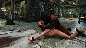 Bound in Skyrim's shadows, sexy blonde wife Gerdur endures rough bondage and intense assfucking. Dark desires unfold in 3D porn with anal play.
