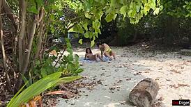 Public beach action with busty MILF and her stepdaughter