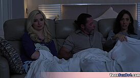 Blonde and brunette teens test stepdad's claims in group ffm fantasy with small tits