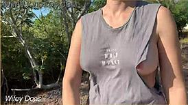 hey, wanna see my wife flash her tits in a ripped shirt publicly?