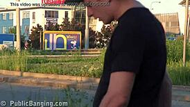 A cute blonde girl gets noticed in public street action.