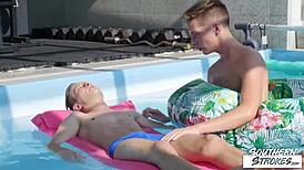 gay twinks tony and corey going bareback by the pool