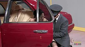 Glamorous milf gets slammed hard on the backseat of a car with trimmed pussy action