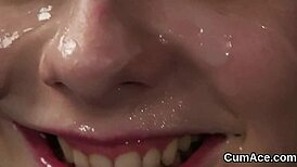 hot peach in blowbang gets jizz on face.